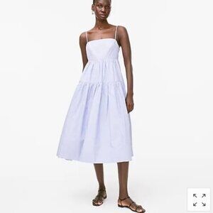J Crew Tie Back Tiered Blue Cotton Poplin Dress